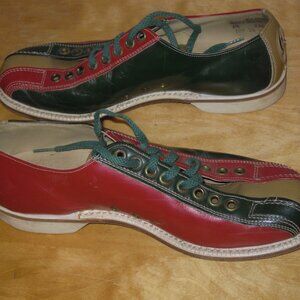 Vintage Men's 50s Size 6.5 Brunswick Bowling Shoes Red Green Leather Lace-Up USA